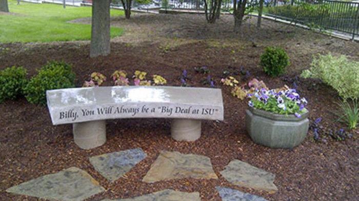 a memorial bench with the words, "Billy, You Will Always be a 'Big Deal at ISU'" engraved on it.
